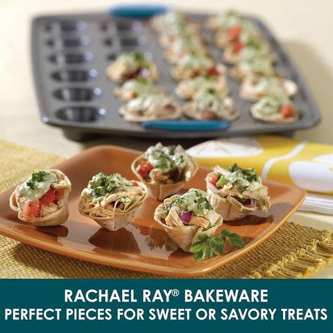 Rachael Ray Yum - o! Nonstick Mini Muffin & Cupcake Tin - 24 Cup, Gray with Marine Blue Grips - with | Sold by Uncle Wiener's Wholesale