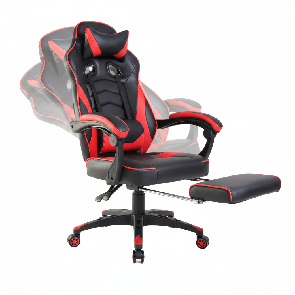 Reclining Racing - Style Gaming Chair with Footrest | Ergonomic Adjustable Seat - with Red / Black | Sold by Uncle Wiener's Wholesale