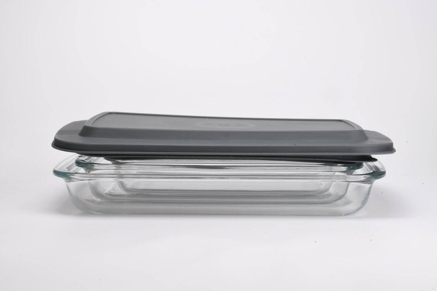 Rectangular Glass Plate Set with Grey Lids 3pc 1.6L / 2.2L / 3L 370002 - with | Sold by Uncle Wiener's Wholesale