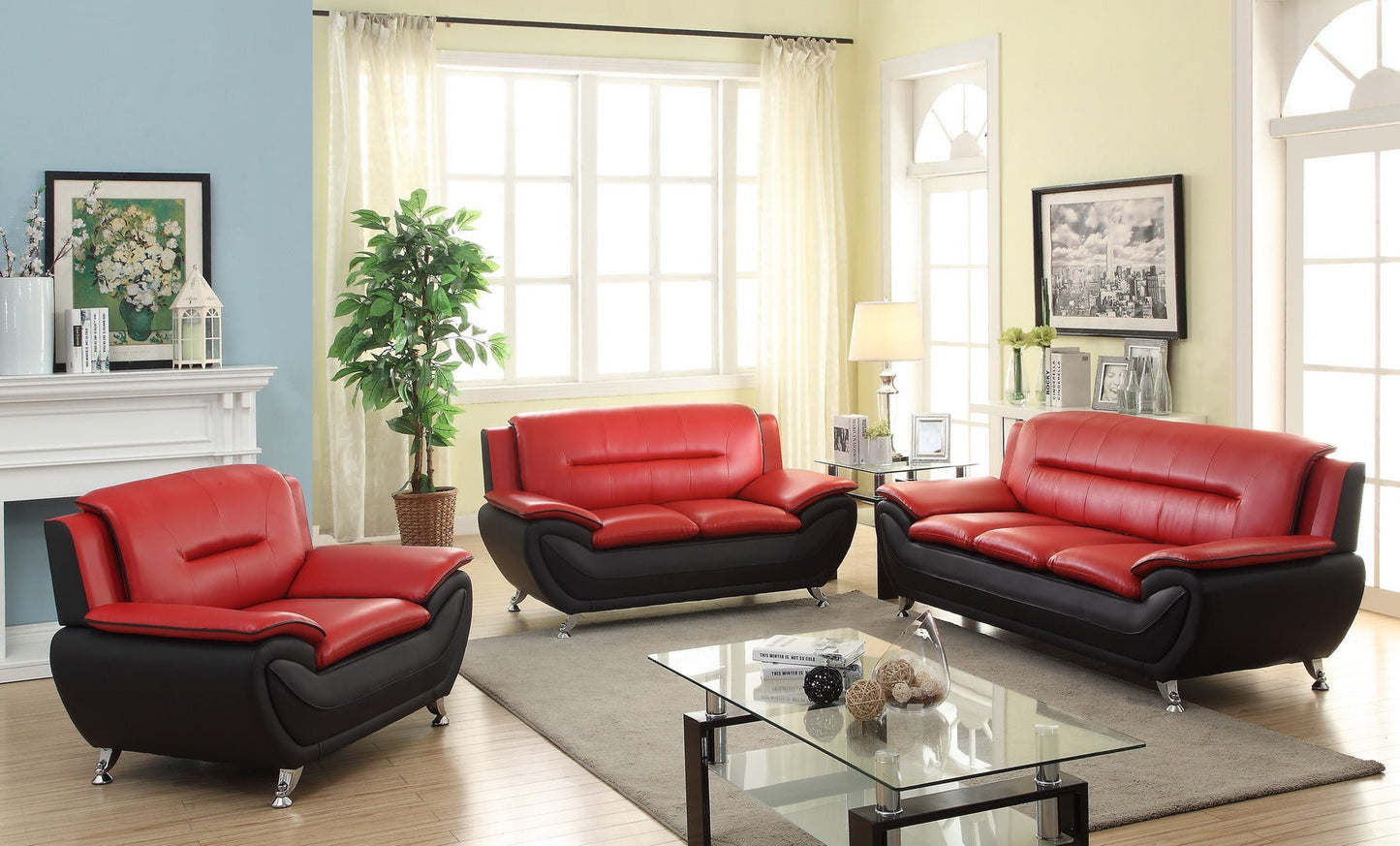3PCS Modern Faux Leather Sofa Set – Red & Black Sofa, Loveseat, and Armchair with Chrome Legs for Contemporary Living Room