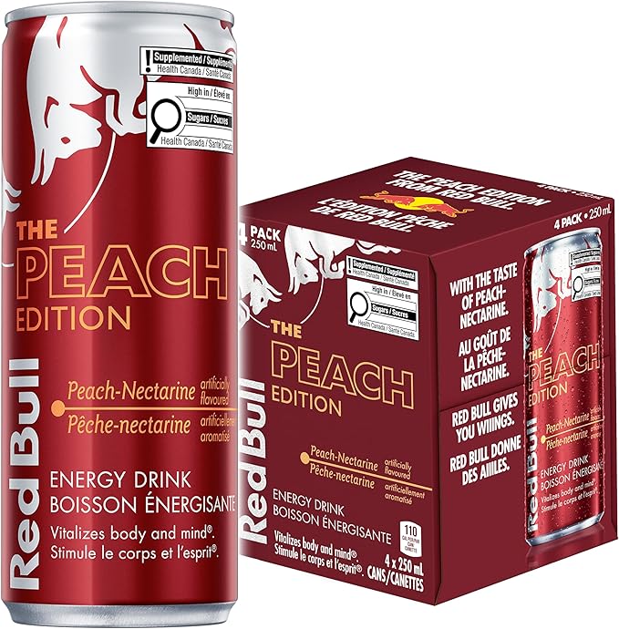 Red Bull Energy Drink – assorted size and flavours (Cans) - Beverage with Peach - Nectarine Edition | 4 × 250 mL | Sold by Uncle Wiener's Wholesale