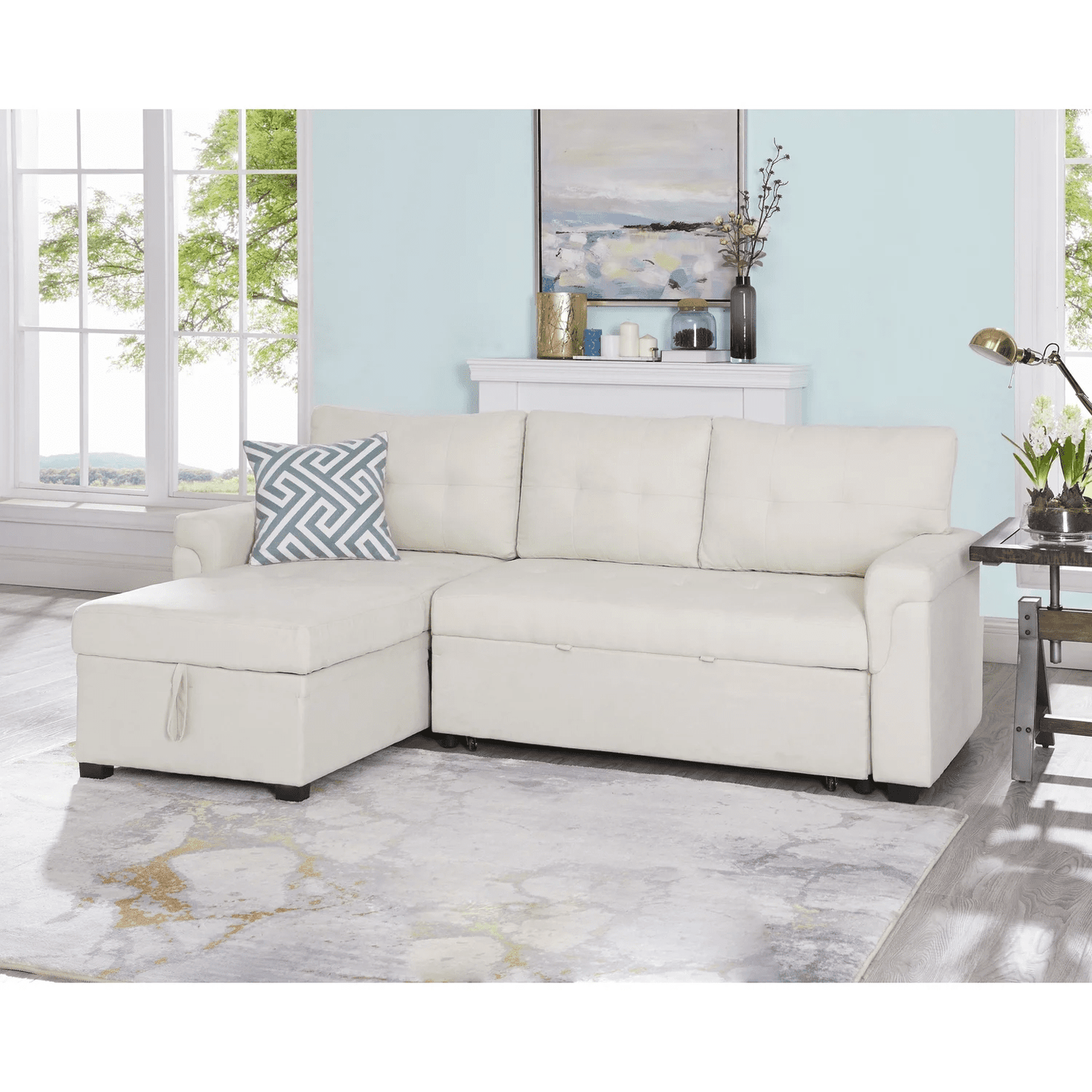 Reversible Sleeper Sectional Sofa with Storage Chaise – Pull - Out Bed for Apartments - with Cream Fabric | Sold by Uncle Wiener's Wholesale