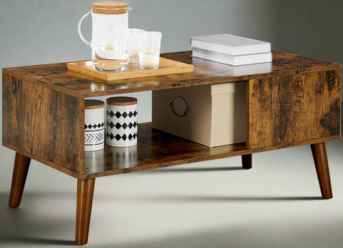 "Rustic mid-century solid wood coffee table with tapered legs and oak finish – Model TLCT2113"