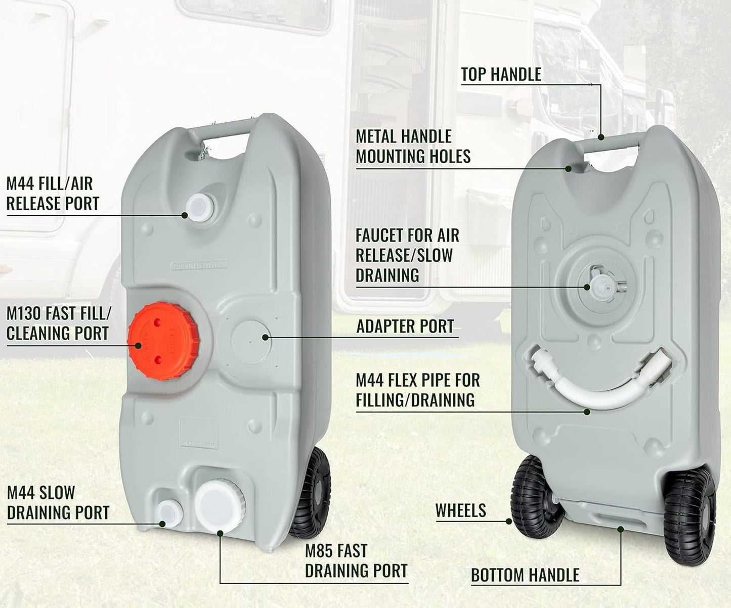 19.8 gallon RV portable waste tank with wheels
10.6 gallon camper holding tank front view
RV waste tanks with built-in hose and drain cap
Portable sewer tanks with accessories
Side-by-side comparison of 10.6 vs. 19.8 gallon waste tanks