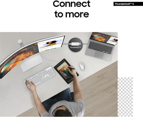 Front view of Samsung 34" ViewFinity Ultra-WQHD Curved Monitor
1000R curve design showing ergonomic immersion
Thunderbolt 4 and USB hub connectivity setup
Side view showing ports and adjustable stand
Productivity setup using ultra-wide Samsung curved monitor