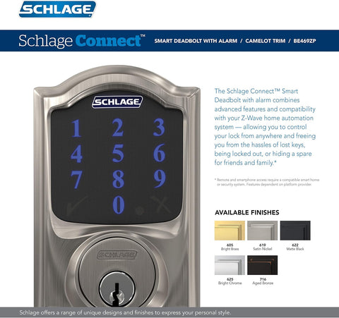 SCHLAGE BE469ZP CAM 619 Connect Smart Deadbolt with alarm with Camelot Trim in Satin Nickel, Z - Wave Plus enabled - with Satin Nickel | Sold by Uncle Wiener's Wholesale