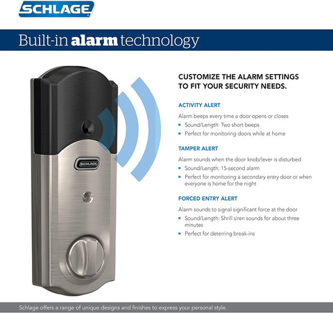 SCHLAGE BE469ZP CAM 619 Connect Smart Deadbolt with alarm with Camelot Trim in Satin Nickel, Z - Wave Plus enabled - with Satin Nickel | Sold by Uncle Wiener's Wholesale