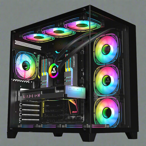 Sea View Promax ATX RGB case with front fans and glass panel
Side view of RGB case with clear tempered glass panel
Top-down view of Promax RGB chassis with fan mounts
Back panel and cable management ports of RGB gaming case
Front I/O panel close-up with USB and audio ports