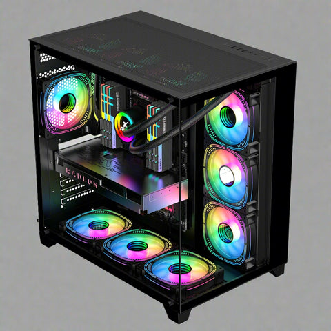 Sea View Promax ATX RGB case with front fans and glass panel
Side view of RGB case with clear tempered glass panel
Top-down view of Promax RGB chassis with fan mounts
Back panel and cable management ports of RGB gaming case
Front I/O panel close-up with USB and audio ports