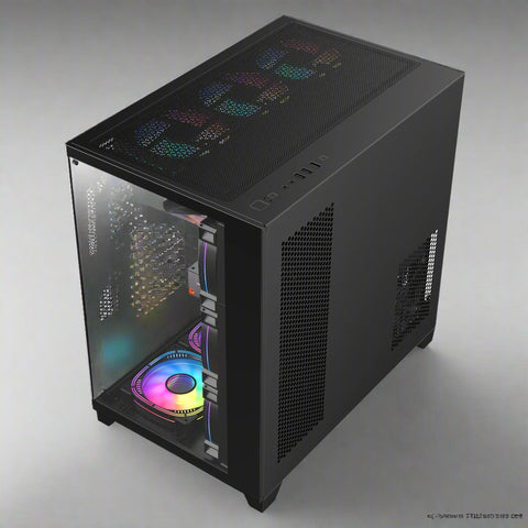 Sea View Promax ATX RGB case with front fans and glass panel
Side view of RGB case with clear tempered glass panel
Top-down view of Promax RGB chassis with fan mounts
Back panel and cable management ports of RGB gaming case
Front I/O panel close-up with USB and audio ports