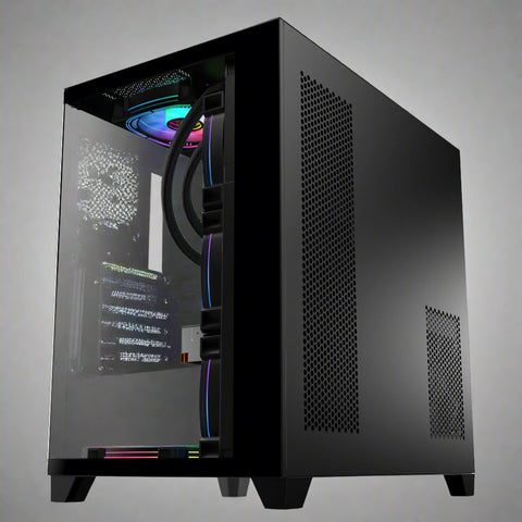 Sea View Promax ATX RGB case with front fans and glass panel
Side view of RGB case with clear tempered glass panel
Top-down view of Promax RGB chassis with fan mounts
Back panel and cable management ports of RGB gaming case
Front I/O panel close-up with USB and audio ports