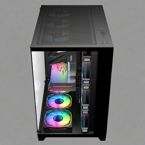 Sea View Promax ATX RGB case with front fans and glass panel
Side view of RGB case with clear tempered glass panel
Top-down view of Promax RGB chassis with fan mounts
Back panel and cable management ports of RGB gaming case
Front I/O panel close-up with USB and audio ports