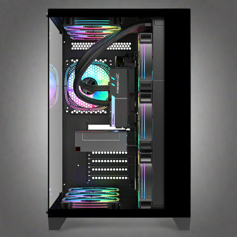 Sea View Promax ATX RGB case with front fans and glass panel
Side view of RGB case with clear tempered glass panel
Top-down view of Promax RGB chassis with fan mounts
Back panel and cable management ports of RGB gaming case
Front I/O panel close-up with USB and audio ports