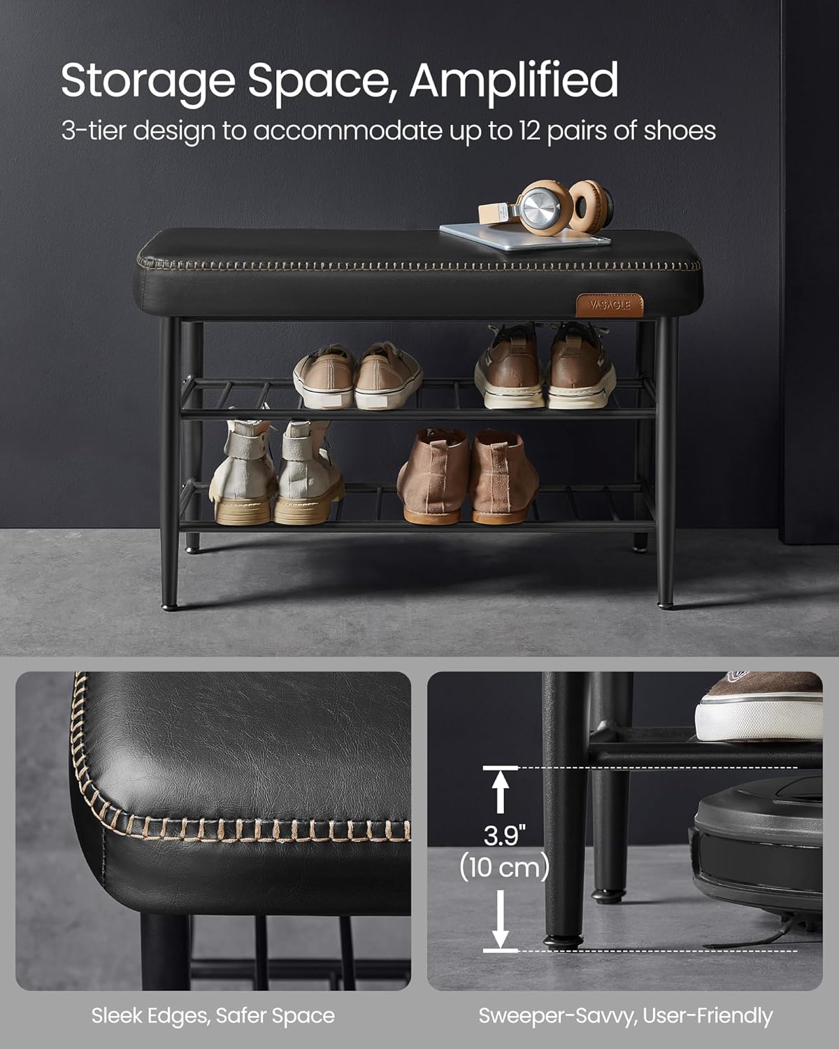 Shoe Rack Bench with Cushioned Seat, 3 Tier Shoe Storage Bench for Entryway, Mid Century Modern Entryway Bench with Synthetic Leather Seat Ink Black LSB054BH01 - with | Sold by Uncle Wiener's Wholesale