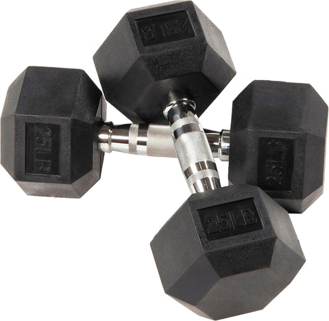 Signature Fitness Rubber Encased Hex Dumbbell, 25LB Pair with 2 - Tier Rack - with | Sold by Uncle Wiener's Wholesale