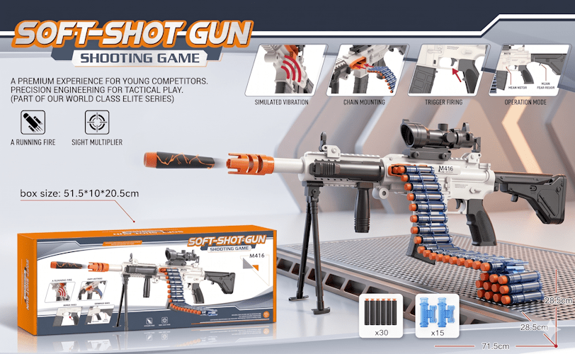 Soft Shot M416 Foam Dart Blaster Toy with Scope, Bipod, Belt-Feed Chain, 30 Darts & 15 Shells DQ9992 - with | Sold by Uncle Wiener's Wholesale