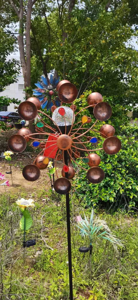 Solar Garden Metal Wind Spinner Windmill – Colorful Outdoor Yard Decor | SKU: 517044 - with | Sold by Uncle Wiener's Wholesale
