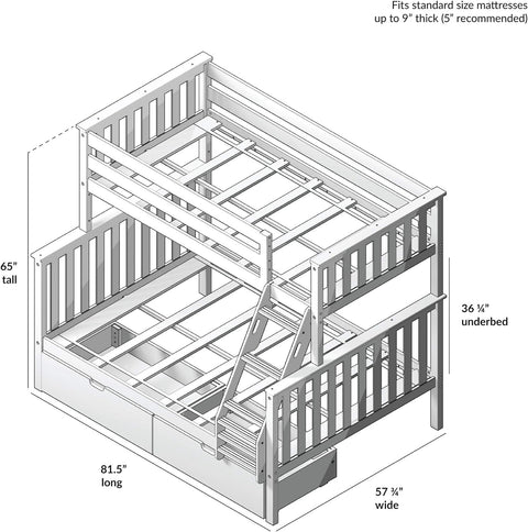 Solid Wood Twin Over Full Bunk Bed with Storage Drawers | Space - Saving Pine Kids Bed - with WHITE | Sold by Uncle Wiener's Wholesale
