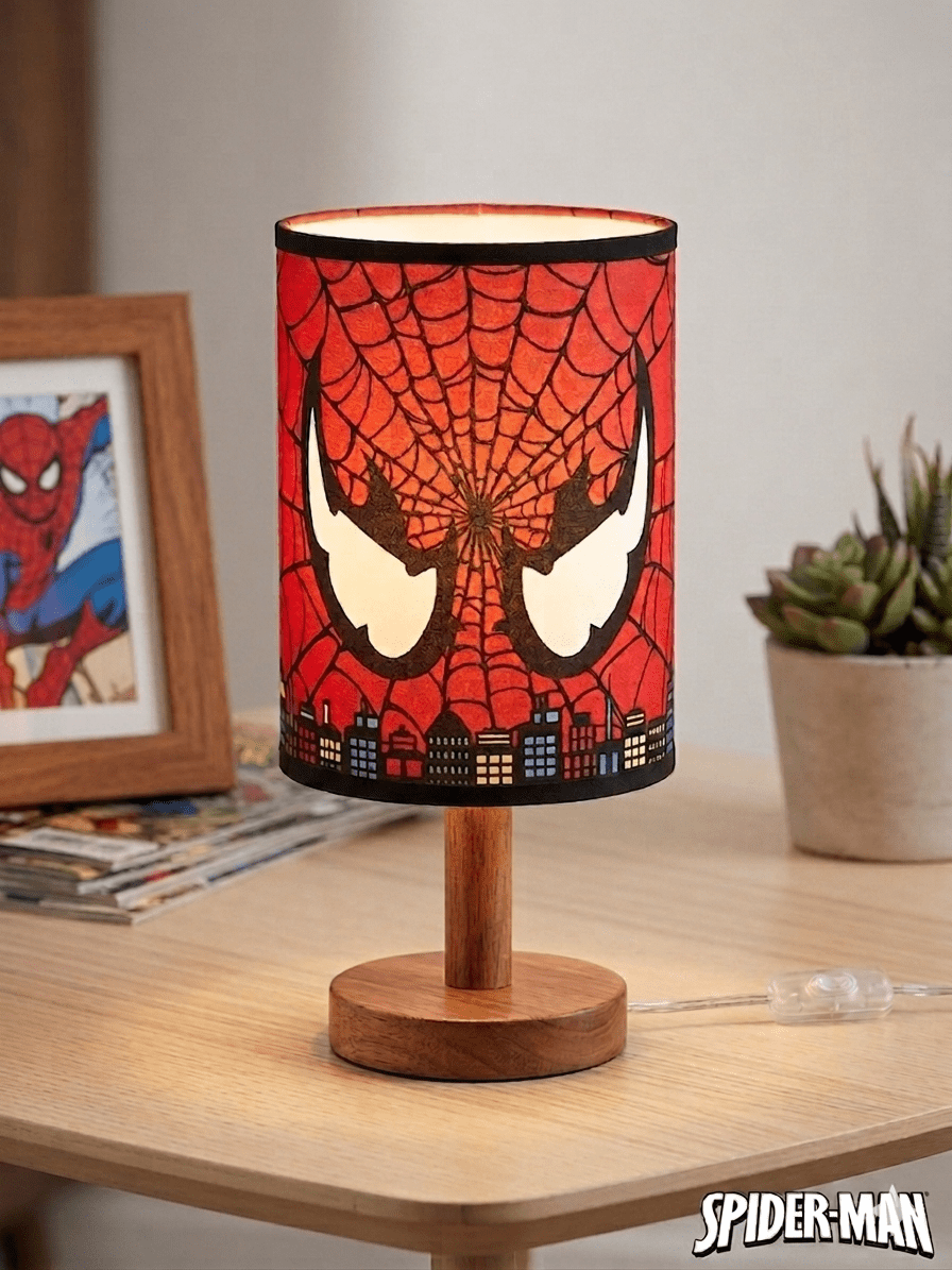 Spider - Man Table Lamp Kids Bedroom Nightstand Lamp with Fabric Shade and Wooden Base - with | Sold by Uncle Wiener's Wholesale