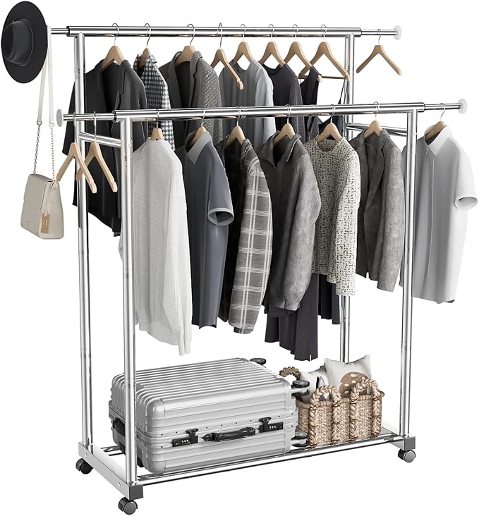 Stainless Steel Clothes Rack Portable Wardrobe Closet with Wheels Anti Rust Metal Frame - with | Sold by Uncle Wiener's Wholesale