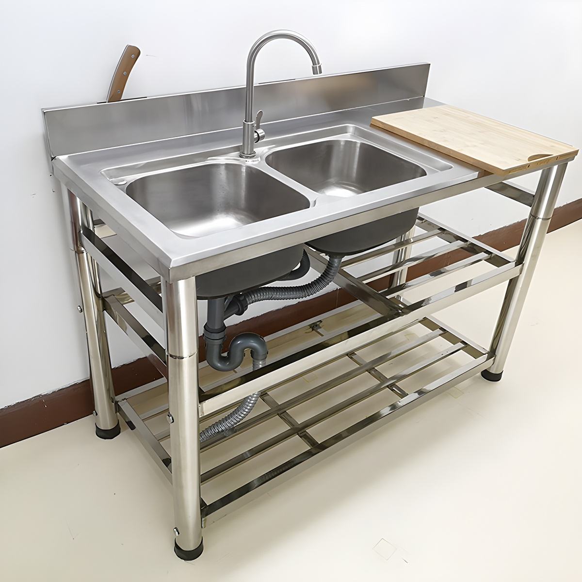 Stainless Steel Double Sink with Faucet & Drain – Commercial Utility Prep Table 9938841 - with | Sold by Uncle Wiener's Wholesale