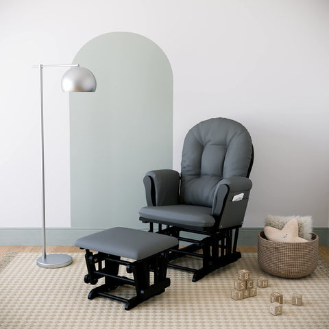 Storkcraft Premium Hoop Glider and Ottoman (Black Base, Gray Cushion) – Padded Cushions with Storage Pocket, Smooth Rocking Motion, Easy to Assemble, Solid Hardwood Base - with Black/Gray | Sold by Uncle Wiener's Wholesale
