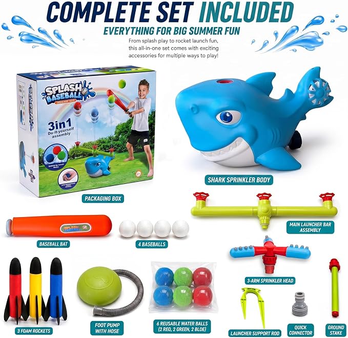 STSAIL 4-in-1 Shark Water Sprinkler Toy Set for Kids – T-Ball Splash Game, 360° Sprinkler, Water Ball Game & Stomp Rocket Launcher - Toys with | Sold by Uncle Wiener's Wholesale