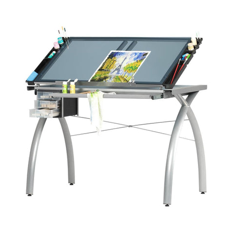 Studio Designs Futura Collection 38 in. W Silver/Blue Glass Metal and Glass Craft Table with Storage and Angle Adjustable Top - with Silver / Blue Glass | Sold by Uncle Wiener's Wholesale
