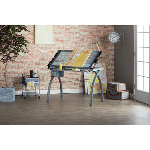 Studio Designs Futura Collection 38 in. W Silver/Blue Glass Metal and Glass Craft Table with Storage and Angle Adjustable Top - with Silver / Blue Glass | Sold by Uncle Wiener's Wholesale