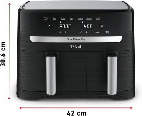 T - fal Dual Easy Fry XL Air Fryer 7 - in - 1, with 2 Baskets, 8.7 Qt total, Dual Air fryer, Air Fry, Extra Crisp, Roast, Bake, Reheat, Dehydrate, Sync Mode, Dishwasher Safe Baskets, Black & Metal, scratches on the top, good condition - with | Sold by Uncle Wiener's Wholesale