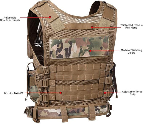 Tactical CS Field Vest – Front view with pouches
MOLLE Combat Vest – Side view with holster
Adjustable Tactical Vest – Laid flat
Camouflage Vest for Outdoor Use – Field-ready look
VT1063 Tactical Vest – Black and Camo color variants