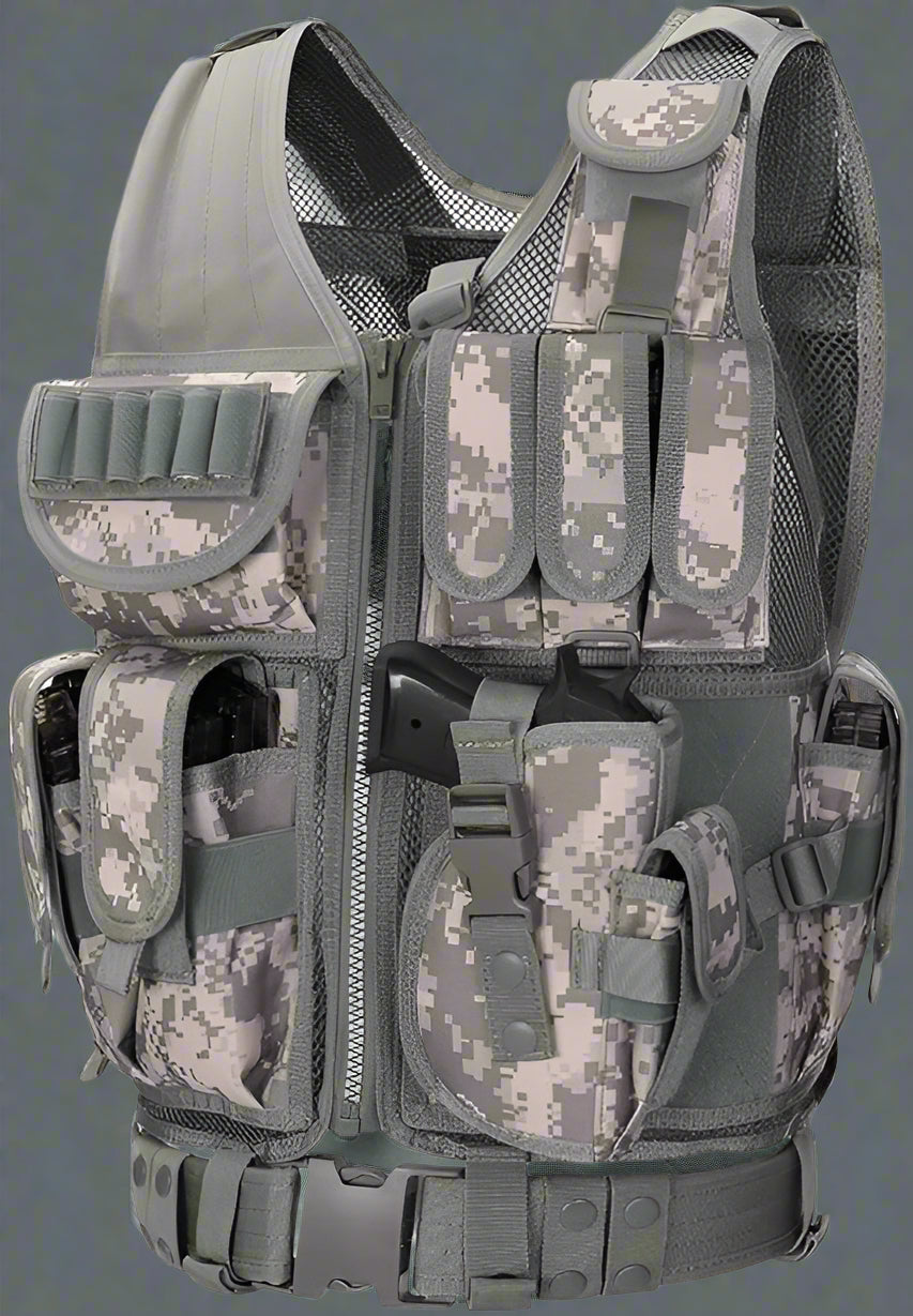 Tactical CS Field Vest – Front view with pouches
MOLLE Combat Vest – Side view with holster
Adjustable Tactical Vest – Laid flat
Camouflage Vest for Outdoor Use – Field-ready look
VT1063 Tactical Vest – Black and Camo color variants