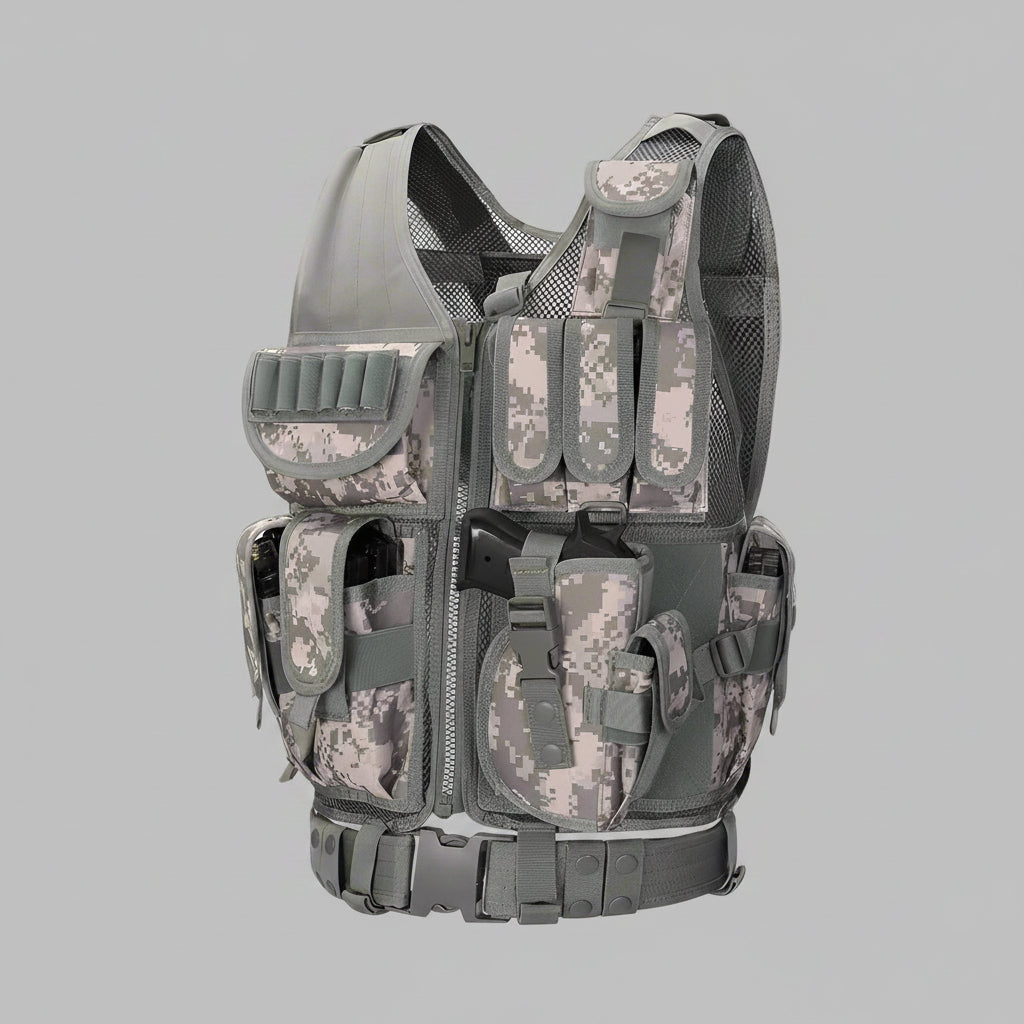 Tactical CS Field Vest – Front view with pouches
MOLLE Combat Vest – Side view with holster
Adjustable Tactical Vest – Laid flat
Camouflage Vest for Outdoor Use – Field-ready look
VT1063 Tactical Vest – Black and Camo color variants