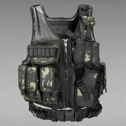 Tactical CS Field Vest – Front view with pouches
MOLLE Combat Vest – Side view with holster
Adjustable Tactical Vest – Laid flat
Camouflage Vest for Outdoor Use – Field-ready look
VT1063 Tactical Vest – Black and Camo color variants