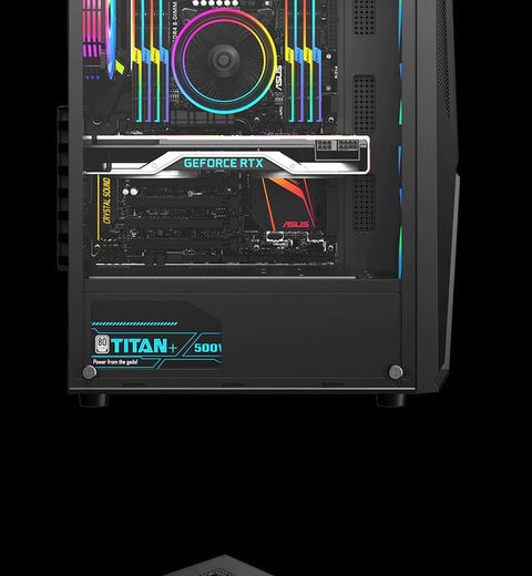 Black mid tower PC case with acrylic side panel
ATX compatible RGB gaming case front and top fan view
Mid tower chassis with front USB and airflow design