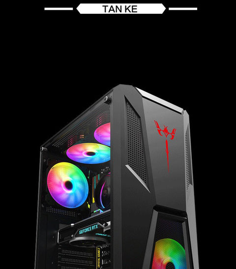 Black mid tower PC case with acrylic side panel
ATX compatible RGB gaming case front and top fan view
Mid tower chassis with front USB and airflow design