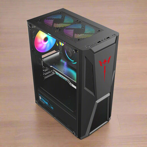 Black mid tower PC case with acrylic side panel
ATX compatible RGB gaming case front and top fan view
Mid tower chassis with front USB and airflow design