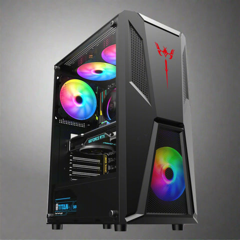 Black mid tower PC case with acrylic side panel
ATX compatible RGB gaming case front and top fan view
Mid tower chassis with front USB and airflow design