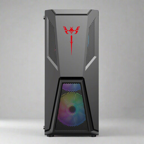 Black mid tower PC case with acrylic side panel
ATX compatible RGB gaming case front and top fan view
Mid tower chassis with front USB and airflow design