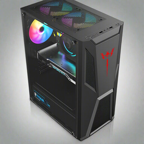 Black mid tower PC case with acrylic side panel
ATX compatible RGB gaming case front and top fan view
Mid tower chassis with front USB and airflow design