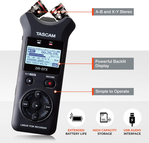 Tascam DR - 07X Stereo Handheld Digital Audio Portable Recorder and USB Audio Interface, Pro Field, AV, Music, Dictation Recorder - with | Sold by Uncle Wiener's Wholesale