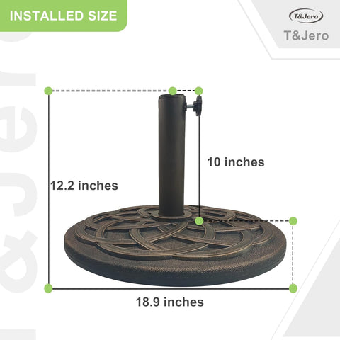 T&Jero 29 lb round bronze umbrella base with steel stem – top view
Umbrella base on patio – HDPE with sunflower pattern design
Pre-filled umbrella base with adjustable tightening knob – fits 1.5 to 2 inch poles
Bronze cast iron style HDPE base – outdoor market table umbrella stand
