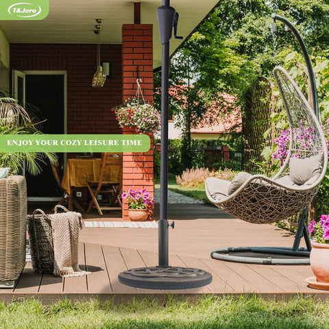 T&Jero 29 lb round bronze umbrella base with steel stem – top view
Umbrella base on patio – HDPE with sunflower pattern design
Pre-filled umbrella base with adjustable tightening knob – fits 1.5 to 2 inch poles
Bronze cast iron style HDPE base – outdoor market table umbrella stand