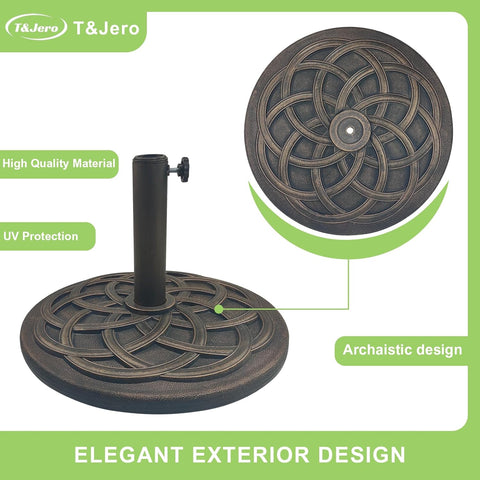 T&Jero 29 lb round bronze umbrella base with steel stem – top view
Umbrella base on patio – HDPE with sunflower pattern design
Pre-filled umbrella base with adjustable tightening knob – fits 1.5 to 2 inch poles
Bronze cast iron style HDPE base – outdoor market table umbrella stand