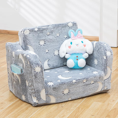 Toddler Baby Chair Couch Sofa Kids Foldable 2 - in - 1 Fold Out Couch Toddler Chairs Comfy for Boys & Girls Convertible Kids Furniture lounge chair for Playroom with Double Pockets, Glow in the Dark Grey - with Grey Moon | Sold by Uncle Wiener's Wholesale