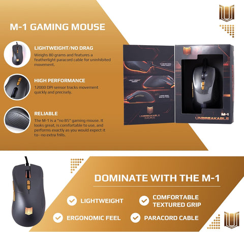 Unbreakable Gaming Souris de jeu filaire M - 1 : légère, haute performance – Capteur réglable jusqu'à 12 000 DPI – Forme ergonomique confortable et prise en main texturée – Gris acier avec LED et - with | Sold by Uncle Wiener's Wholesale