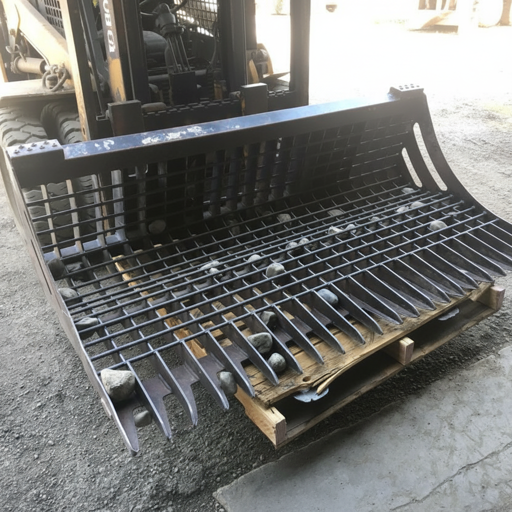 96" skid steer rock bucket with ½" spacing
Heavy-duty skeleton rock bucket on gravel
Close-up of angled bar structure
72" deluxe rock grapple for small rocks and debris
Skid steer lifting rock bucket attachment