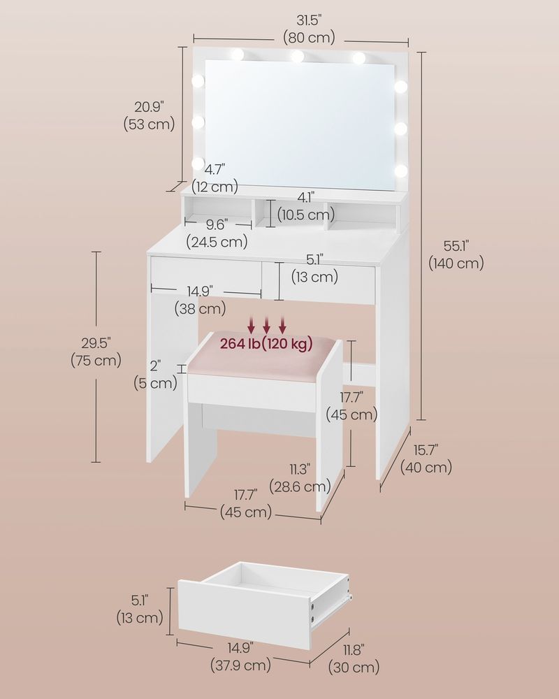 Vanity Desk with Lighted Mirror, 9 Dimmable LED Bulbs, Power Outlets, Storage Drawers and Upholstered Vanity Stool RDT029 Series - with Cloud White | Sold by Uncle Wiener's Wholesale