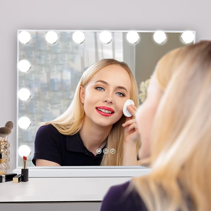 Vanity Mirror with Lights 15LED Bulbs 3 Lighting Modes Lighted Makeup Mirror for Desk or Wall - Mount Hollywood Vanity Mirror with USB Charger Port. 22.8" x 18.1" (58*46cm). Built - in Bluetooth speaker - with | Sold by Uncle Wiener's Wholesale