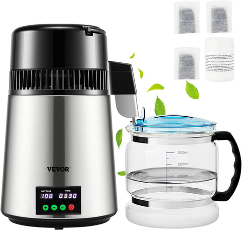 VEVOR 1.1Gal Water Distiller with Glass Carafe – Main Product Image
VEVOR Stainless Steel Distilled Water Machine – Side View
Water Distiller with Timer and Temperature Display
750W Countertop Water Maker with Carbon Pack Accessories
Glass Carafe and Water Distiller – Home and Office Use
VEVOR Distiller Full Package – 1.1Gal Capacity